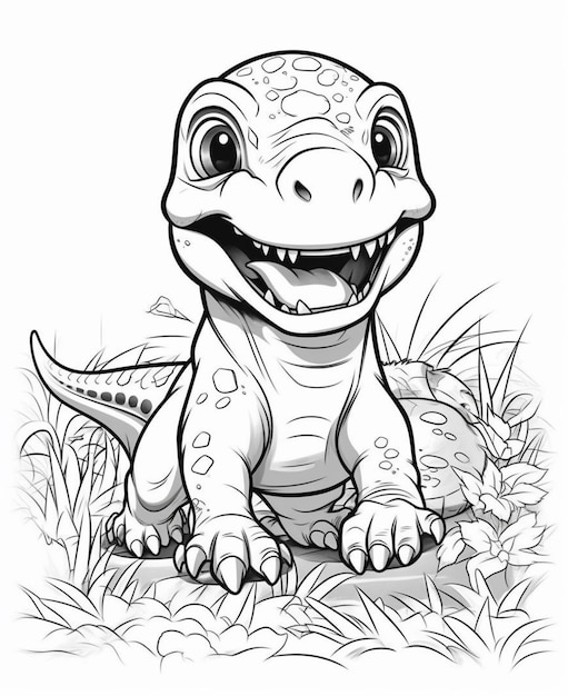 ein Cartoon-Dinosaurier, der mit offenem Mund im Gras sitzt, generative KI