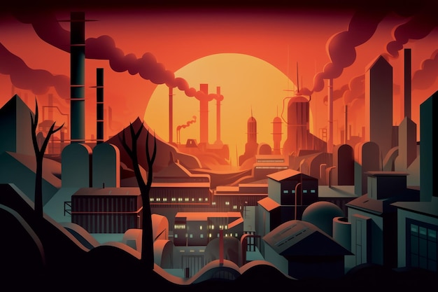 Ein Cartoon einer Fabrik mit einem Sonnenuntergang im Hintergrund.