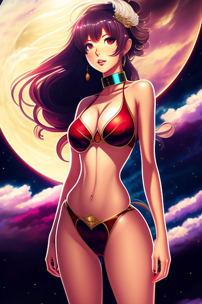 Ein Cartoon einer Frau im Bikini mit dem Mond im Hintergrund.