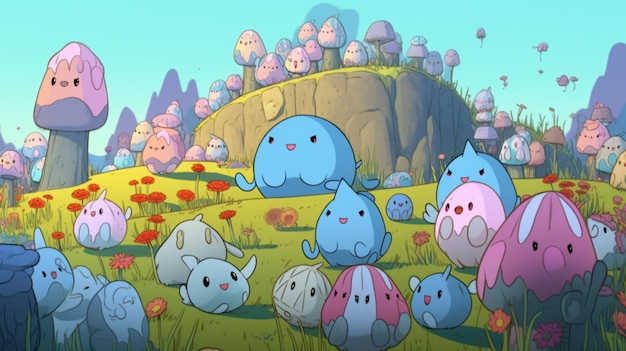 Ein Cartoon einer Gruppe blauer und rosa Kreaturen mit Pilzen im Hintergrund.