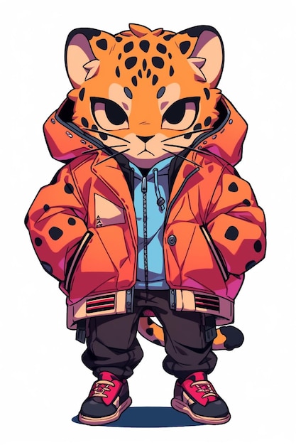 ein Cartoon einer Katze, die eine Jacke und Turnschuhe trägt, generative KI