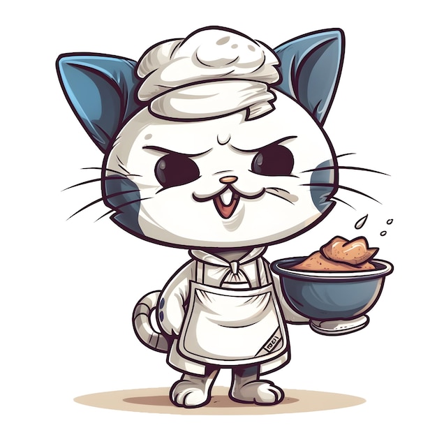 Ein Cartoon einer Katze, die eine Kochmütze trägt und eine Schüssel mit Kartoffelpüree hält.
