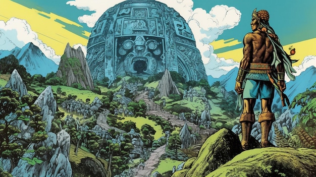 Ein Cartoon einer riesigen Maya-Statue in einer Landschaft.