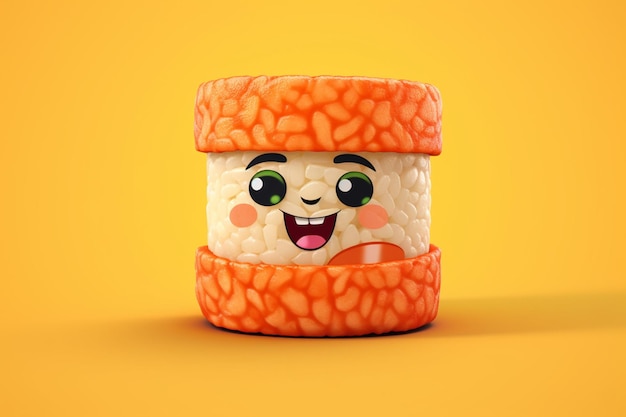 Foto ein cartoon einer sushi-rolle mit einem lächelnden gesicht.