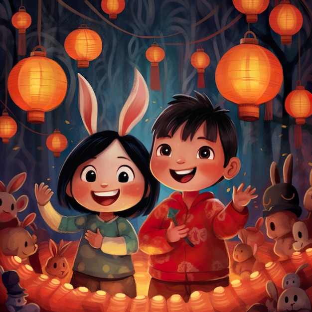 Ein Cartoon eines Jungen und eines Mädchens mit Hasenohren