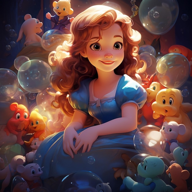 ein Cartoon eines Mädchens mit lockigem Haar und einem blauen Kleid, das vor Luftballons sitzt.