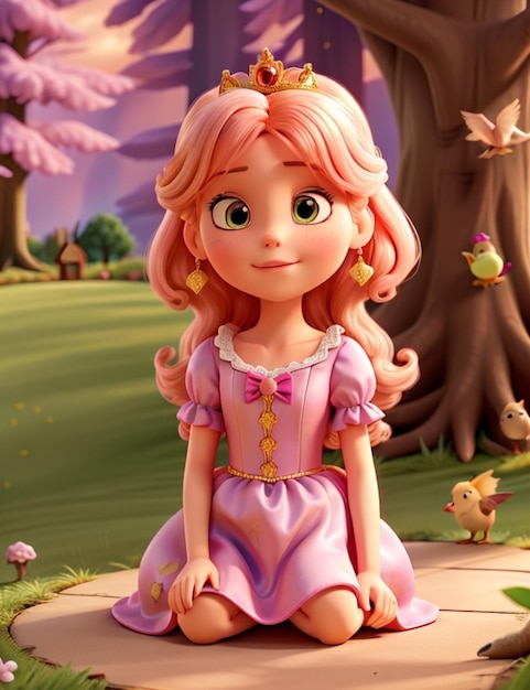 Ein Cartoon eines Mädchens mit rosa Haaren und einem rosa Kleid mit einer goldenen Krone