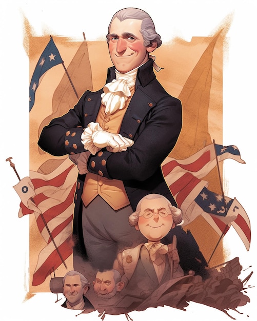 Ein Cartoon eines Mannes im Anzug mit der Aufschrift „George Washington“ auf der Vorderseite.