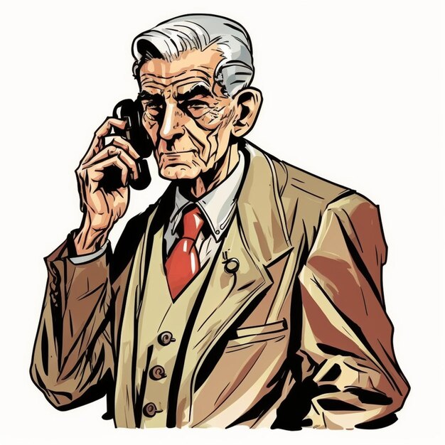 Ein Cartoon eines Mannes in einem Anzug, der mit einem Mobiltelefon spricht. Generative KI