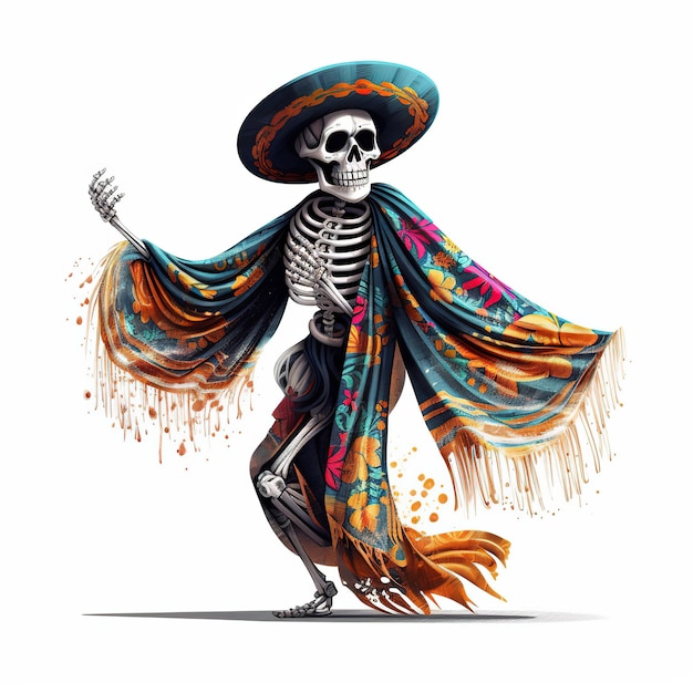 Ein Cartoon eines Skeletts, das einen bunten Schal und einen Hut mit dem Wort Tag der Toten darauf trägt.