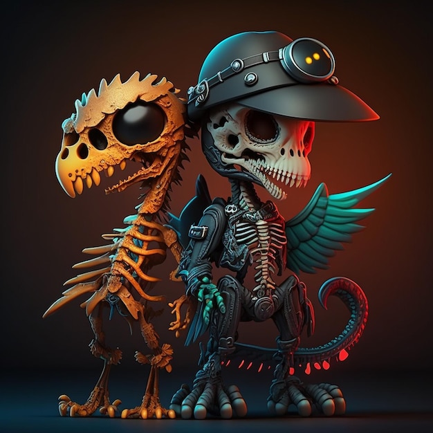 Ein Cartoon eines Skeletts und eines Drachen mit Totenkopf und Flügeln.