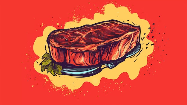 Ein Cartoon eines Steaks auf rotem Hintergrund