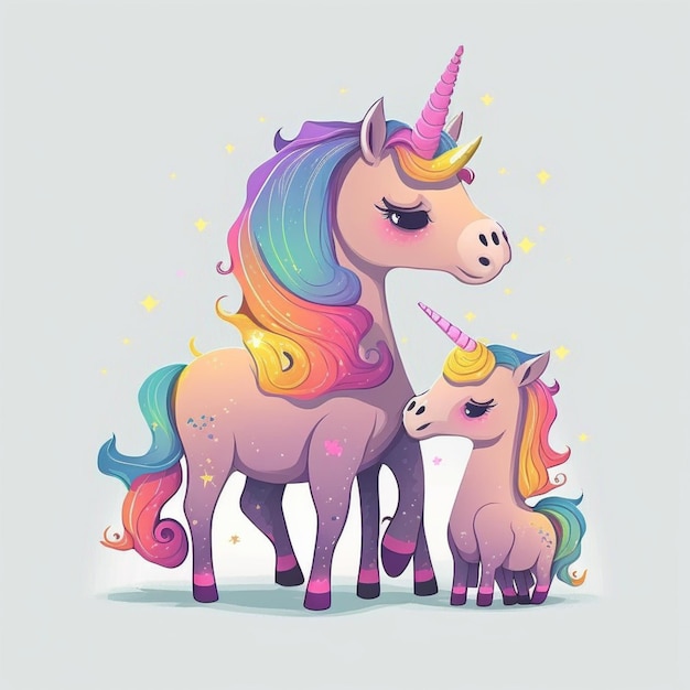 Ein Cartoon-Einhorn und ein Einhorn mit Regenbogenhaaren.