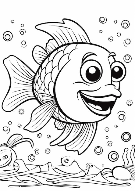Ein Cartoon-Fisch mit einem breiten Lächeln, der im Ozean schwimmt, generative KI