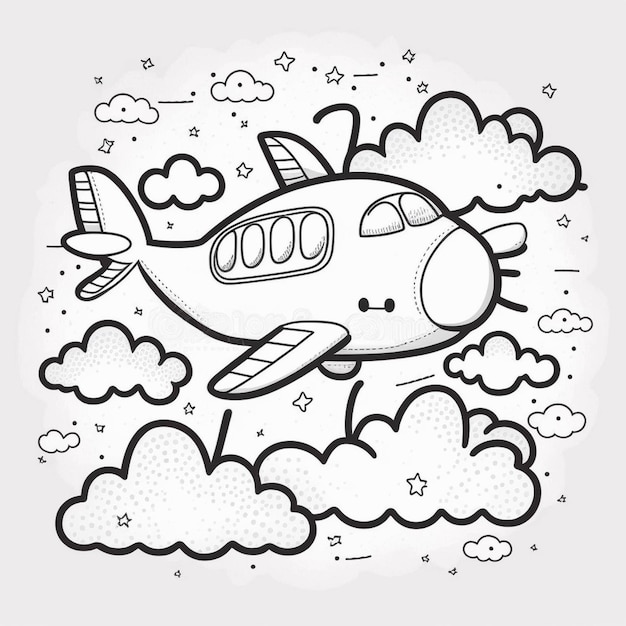 Ein Cartoon-Flugzeug, das durch die Wolken fliegt, mit Sternen und Wolken um ihn herum, generative KI