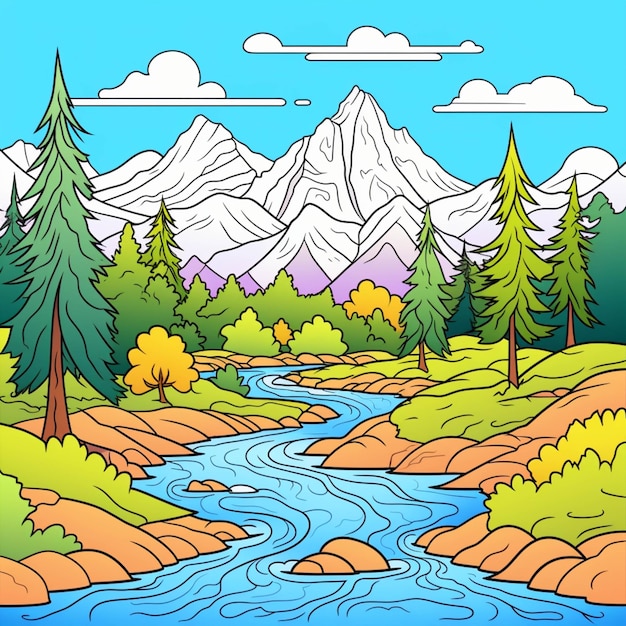 Ein Cartoon-Fluss mit Bergen im Hintergrund, generative KI