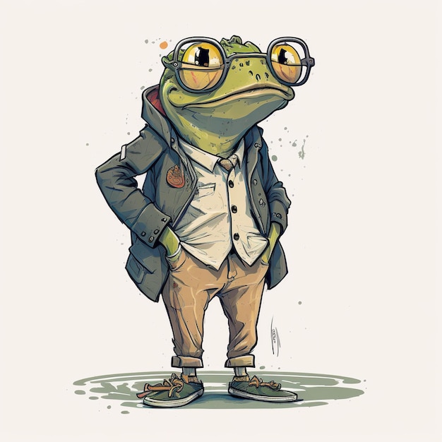 Ein Cartoon-Frosch mit einer Jacke, auf der „Frosch“ steht