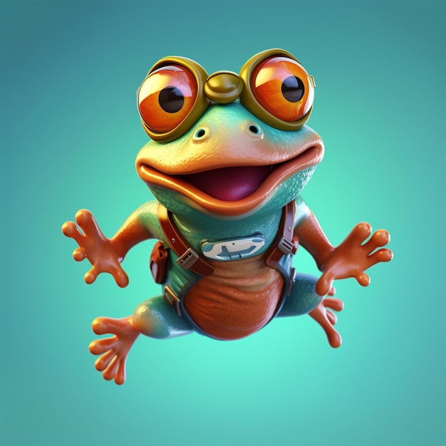 Ein Cartoon-Frosch mit Schutzbrille und Weste mit der Aufschrift „Frosch“