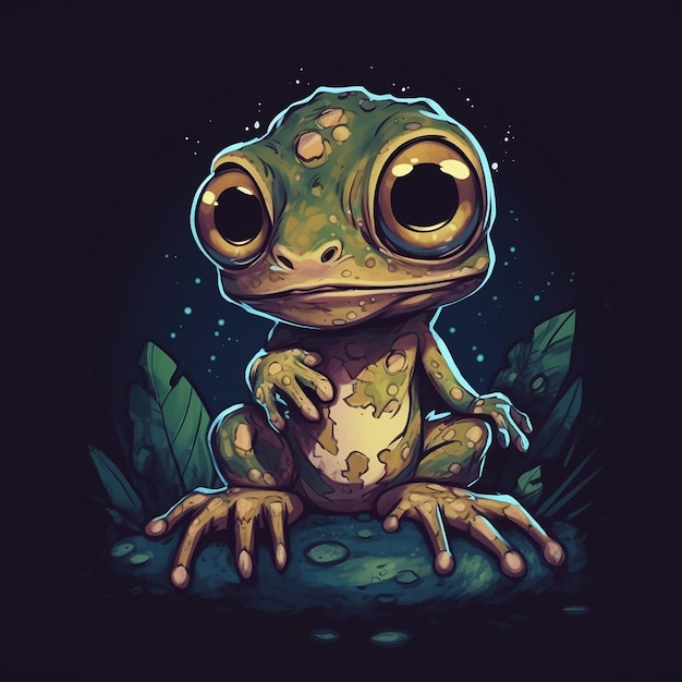 Ein Cartoon-Frosch mit schwarzem Hintergrund und gelben Augen.