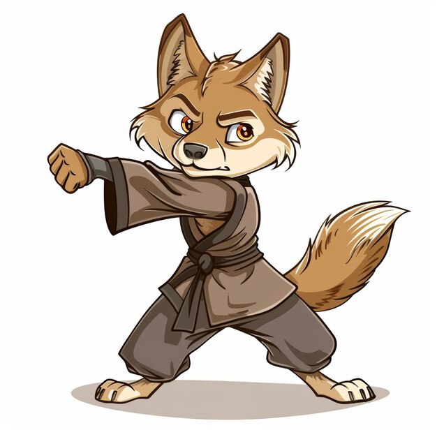 Ein Cartoon-Fuchs in einem braunen Karate-Gi mit einem schwarzen Gürtel in einer Kampfhaltung mit einem entschlossenen Ausdruck