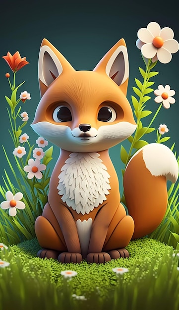 Ein Cartoon-Fuchs sitzt in einem Blumenfeld.