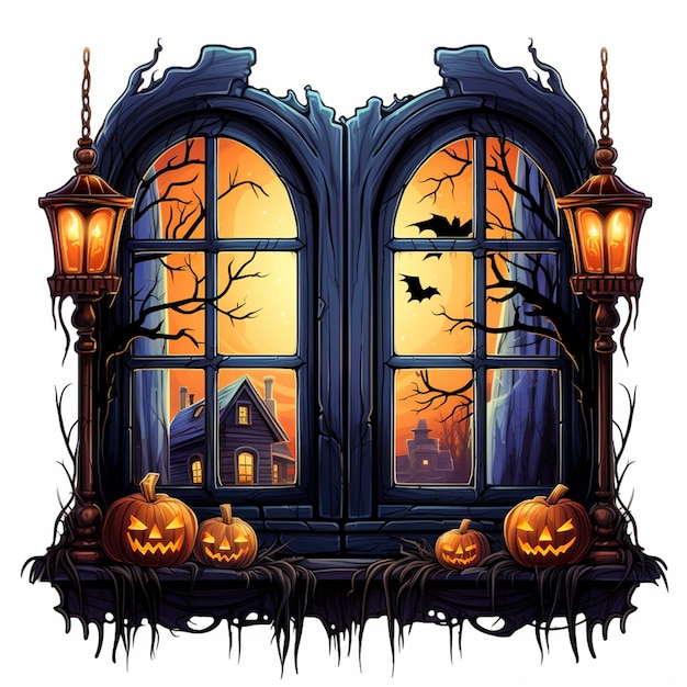 ein Cartoon-Halloween-Fenster mit Kürbissen und Fledermäusen im Fenster, generative KI