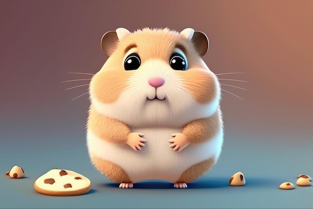 Ein Cartoon-Hamster mit einem Keks im Mund mit Copyspace