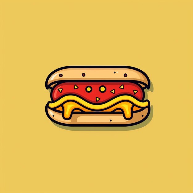 ein Cartoon-Hotdog mit Senf und Ketchup auf gelbem Hintergrund, generative KI