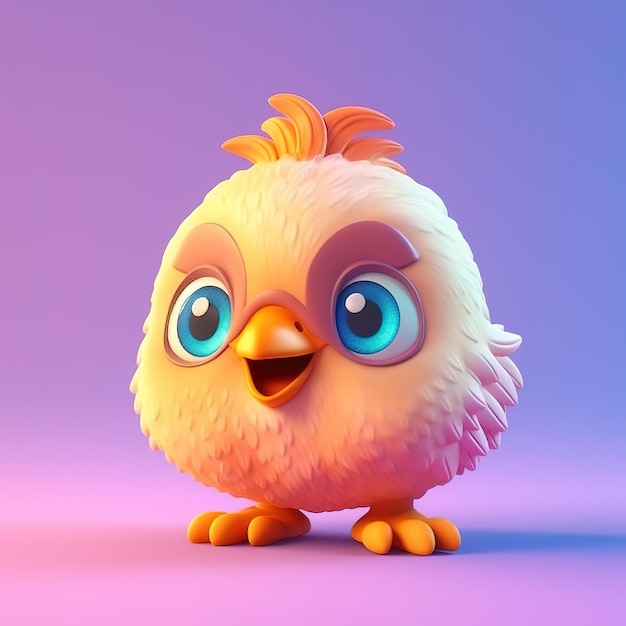 Ein Cartoon-Huhn mit blauen und orangefarbenen Augen befindet sich auf einem violetten Hintergrund.