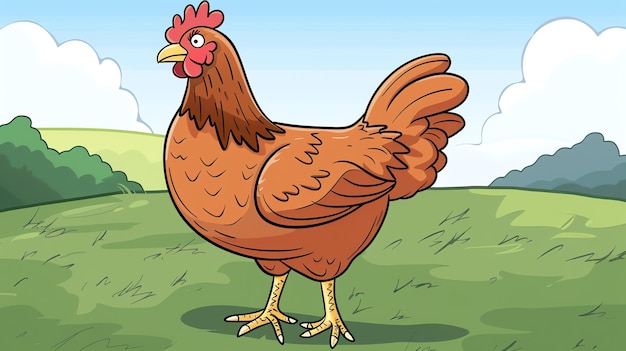 Ein Cartoon-Huhn steht in einem grasbewachsenen Feld. Das Huhn ist braun und weiß mit einem roten Kamm und einem Wattle.