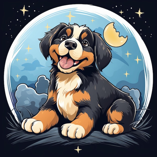ein Cartoon-Hund, der auf dem Boden sitzt, mit dem Mond im Hintergrund