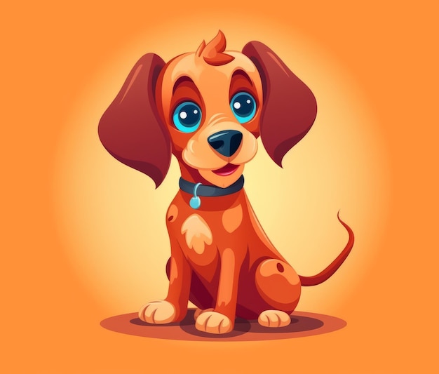 Ein Cartoon-Hund mit blauen Augen sitzt auf einem orangefarbenen Hintergrund.