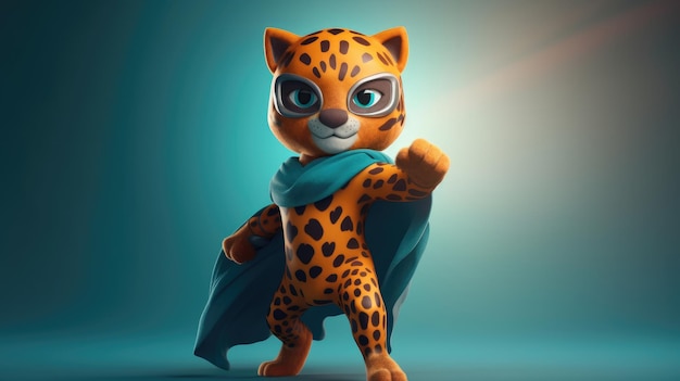 Ein Cartoon-Jaguar-Maskottchen mit Umhang und Umhang mit der Aufschrift „Superheld“.