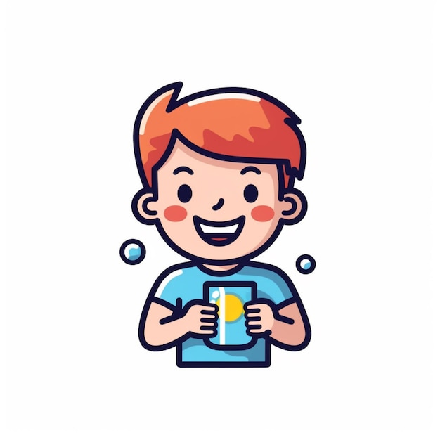 ein Cartoon-Junge, der eine Tasse Kaffee hält und generative KI lächelt