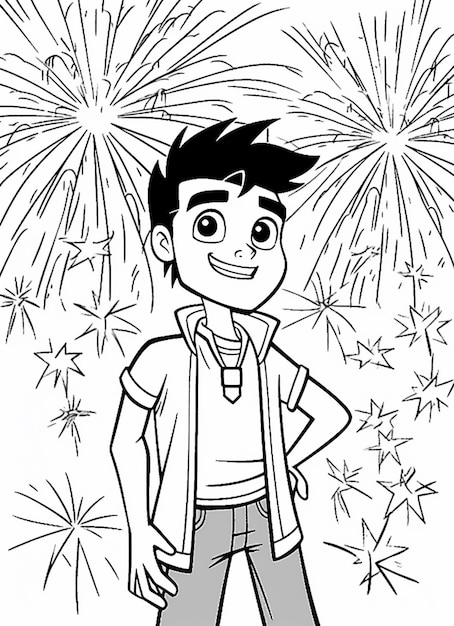 Ein Cartoon-Junge, der mit den Händen in den Hüften vor einem Feuerwerk steht, generative KI