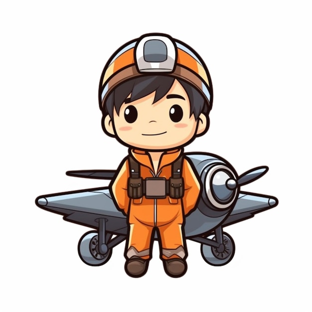 Ein Cartoon-Junge in einem orangefarbenen Pilotenanzug, der auf einem kleinen Flugzeug mit generativer KI sitzt
