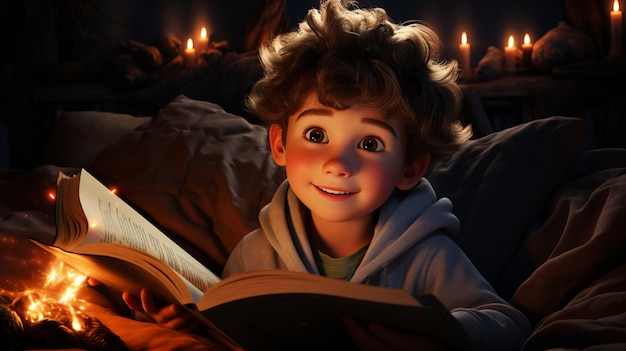 Ein Cartoon-Junge liest im Bett ein Buch mit einem Licht darauf