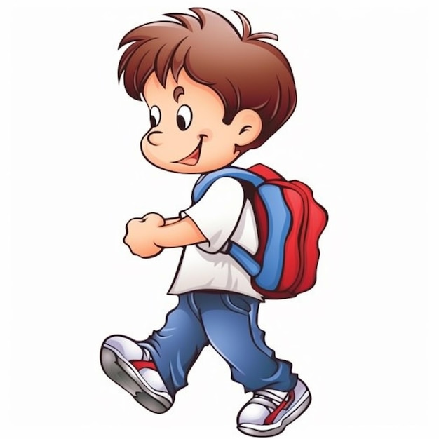 ein Cartoon-Junge mit einem Rucksack, der die Straße hinunter geht