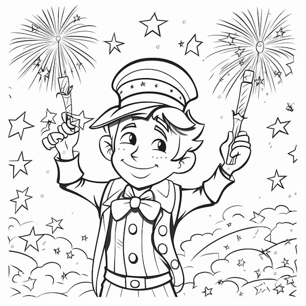 Ein Cartoon-Junge mit Zylinder hält ein Feuerwerk in der Hand.