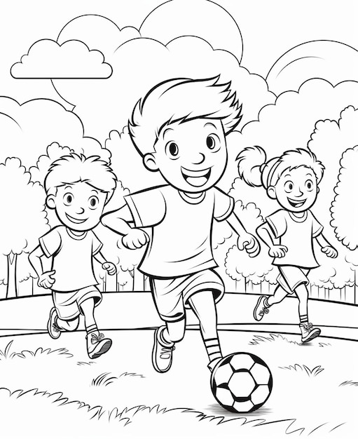 Ein Cartoon-Junge spielt Fußball mit einem Ball