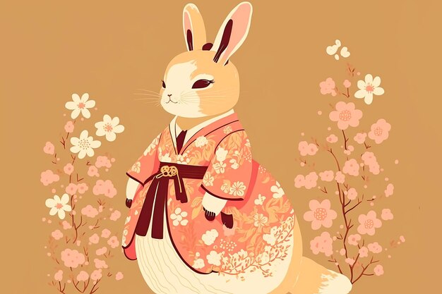 Ein Cartoon-Kaninchen im Kimono mit Blumenhintergrund