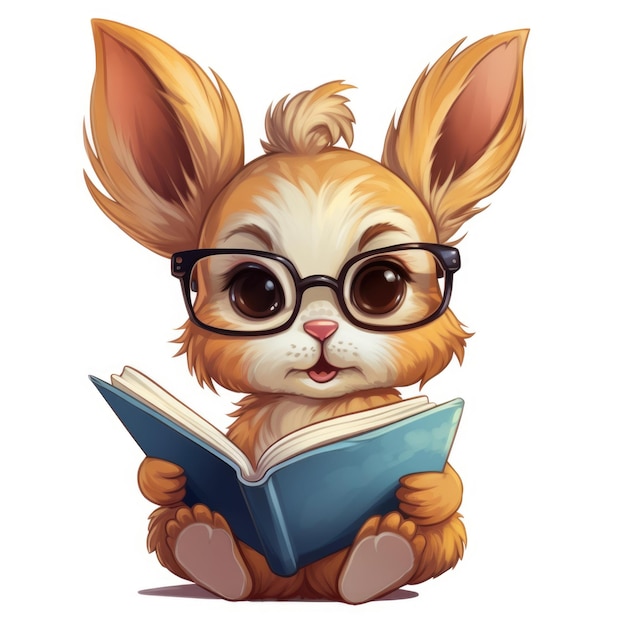 Ein Cartoon-Kaninchen mit Brille, das ein Buch liest. Digitale Kunst