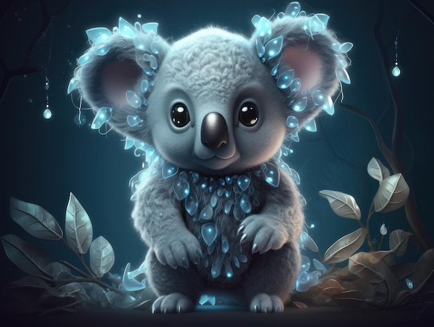 Ein Cartoon-Koala mit blauen Augen sitzt auf einem Ast mit Blättern und Blüten.