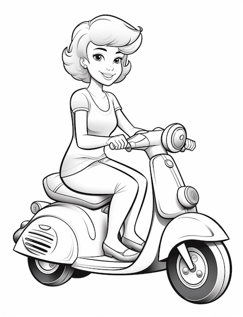 Foto ein cartoon-mädchen fährt auf einem roller mit einem helm auf generativer ai