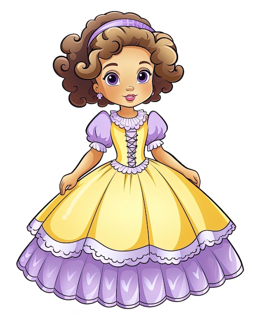 ein Cartoon-Mädchen in einem gelben Kleid mit einem lila Rock.