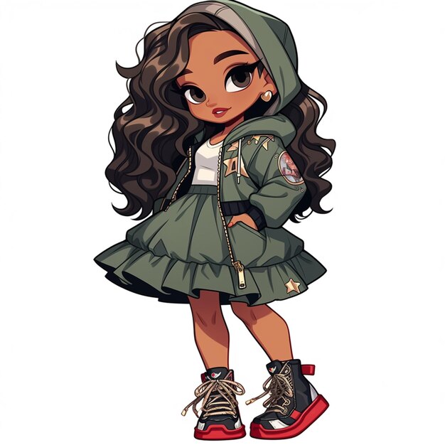 ein Cartoon-Mädchen in einer grünen Jacke und roten Schuhen generative ai