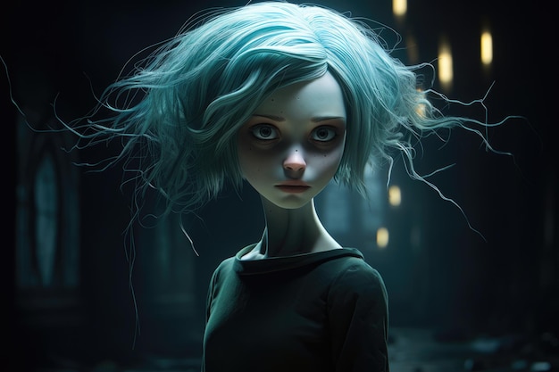ein Cartoon-Mädchen mit blauen Haaren