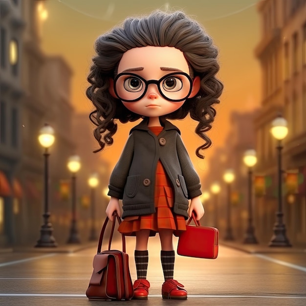 Ein Cartoon-Mädchen mit Brille und roter Tasche auf der Straße.