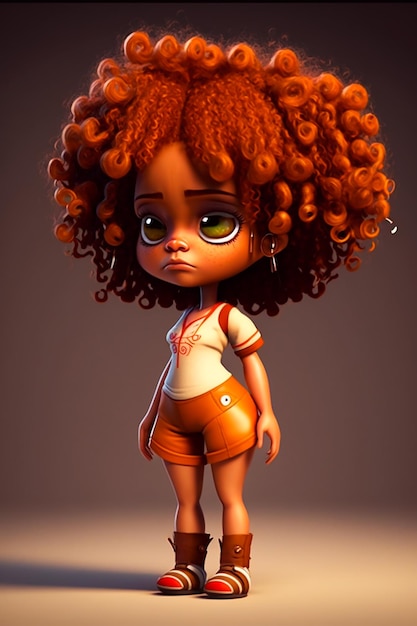 Ein Cartoon-Mädchen mit lockigen roten Haaren steht in einem dunklen Raum.