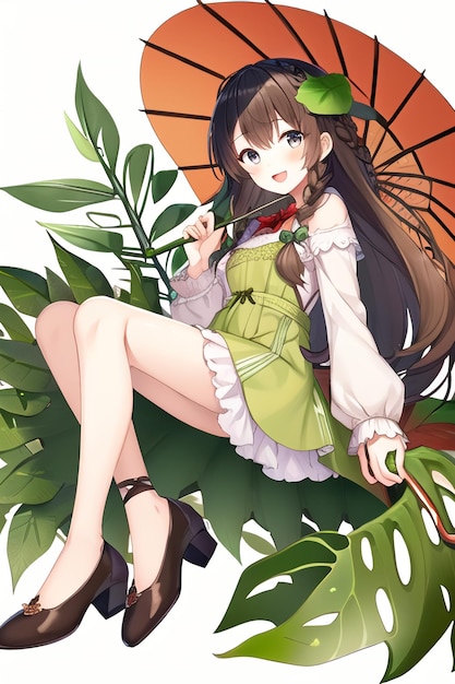Ein Cartoon-Mädchen mit Regenschirm und grünem Kleid sitzt auf einer Pflanze.